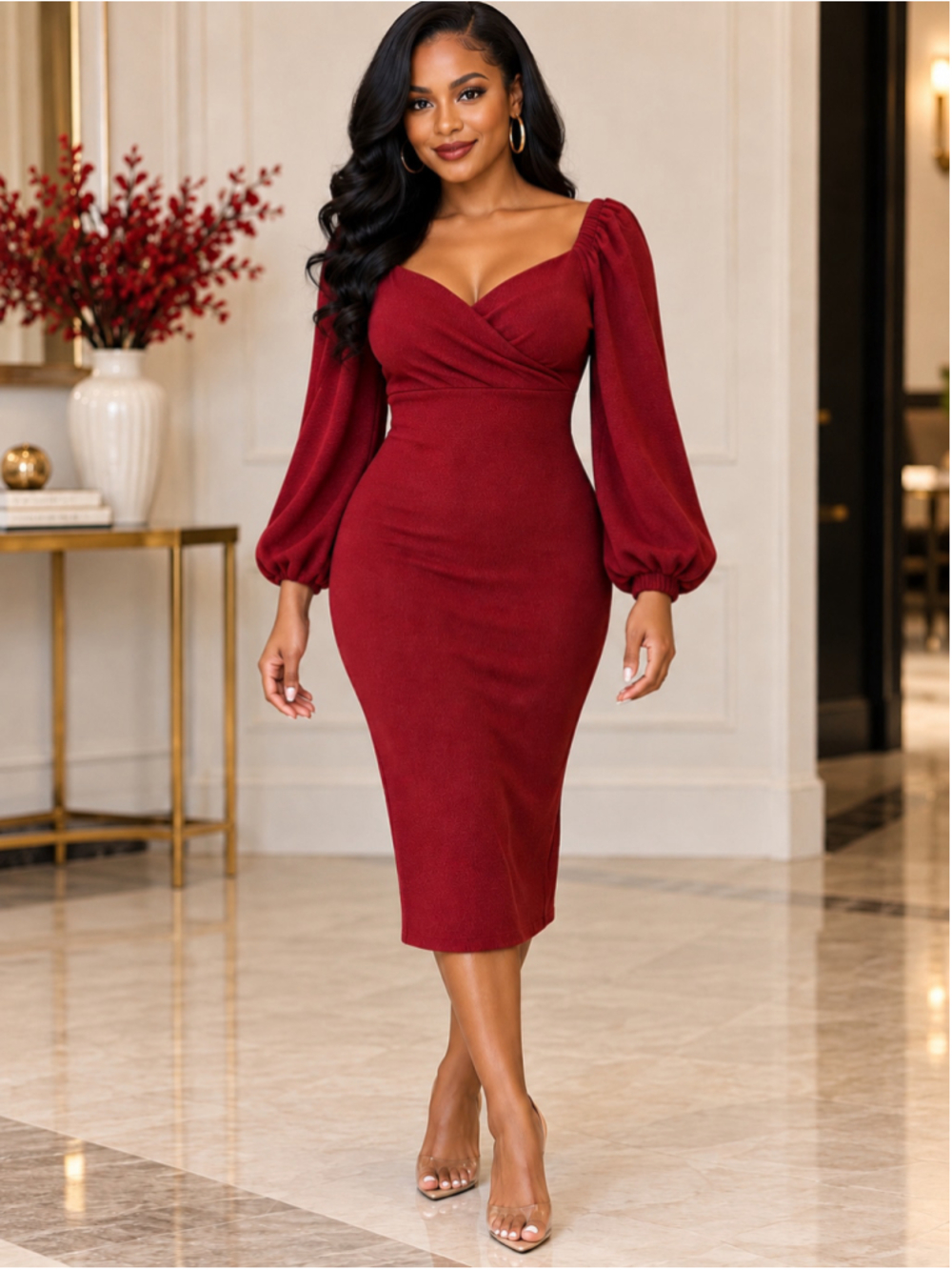 NEW Burgundy Knit Bodycon Bell Sleeve Dress with Bell Sleeves – Size L
